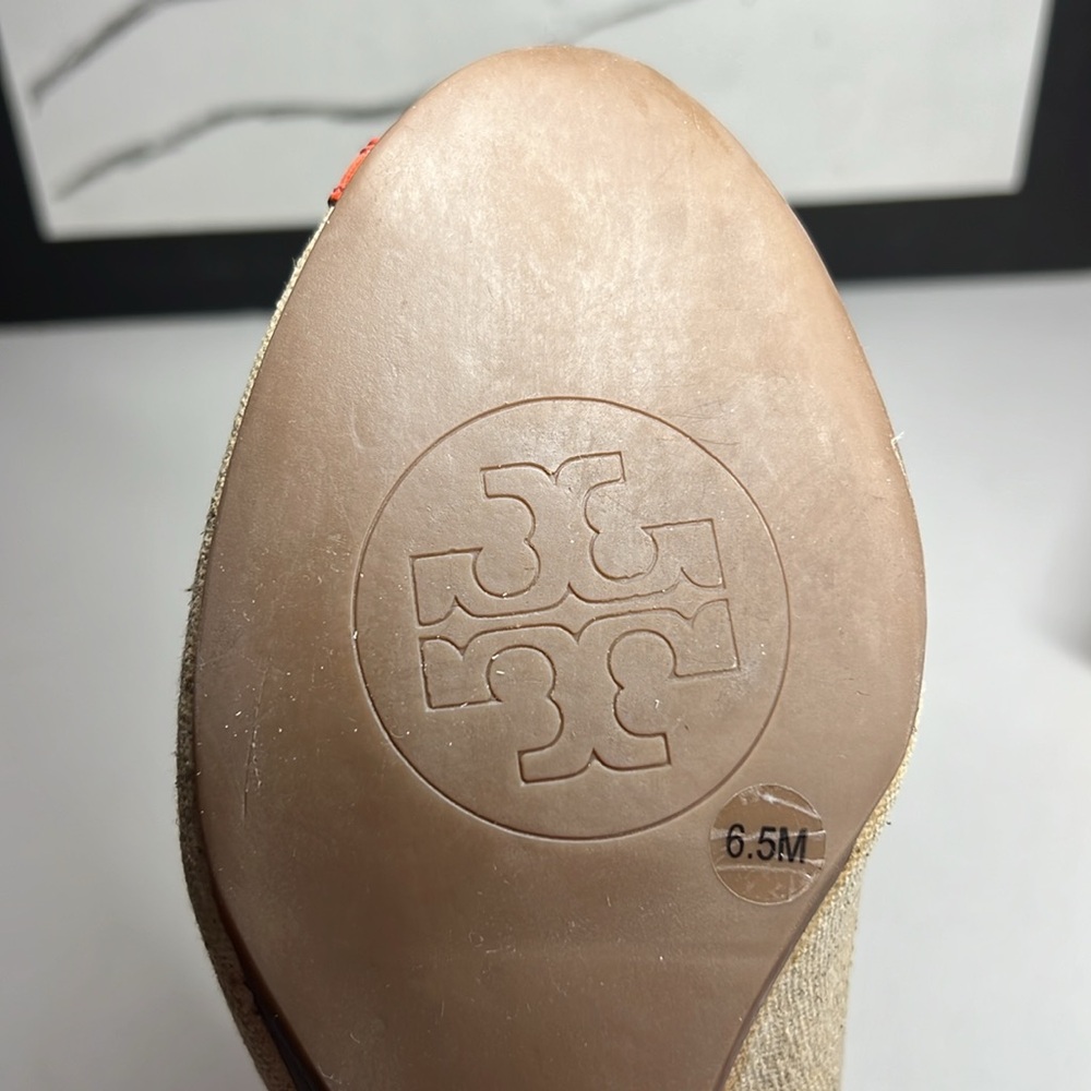Tory Burch Amanda Off White/Pink Leather And Canvas PepToes Wedges Woman’s 6.5M - Picture 15 of 16